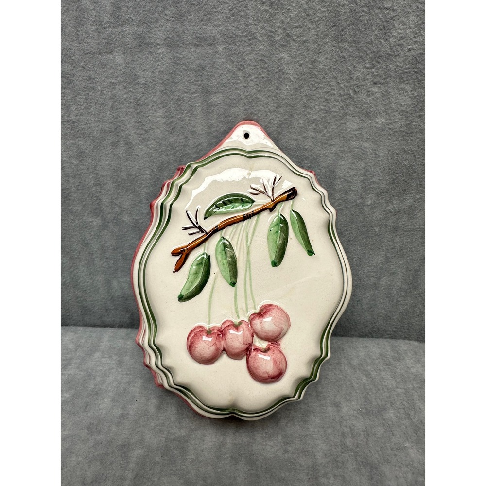Vintage Ceramic Cherry Jelly Mold Wall Hanging Pink Green Cream Farmhouse‎ Decor